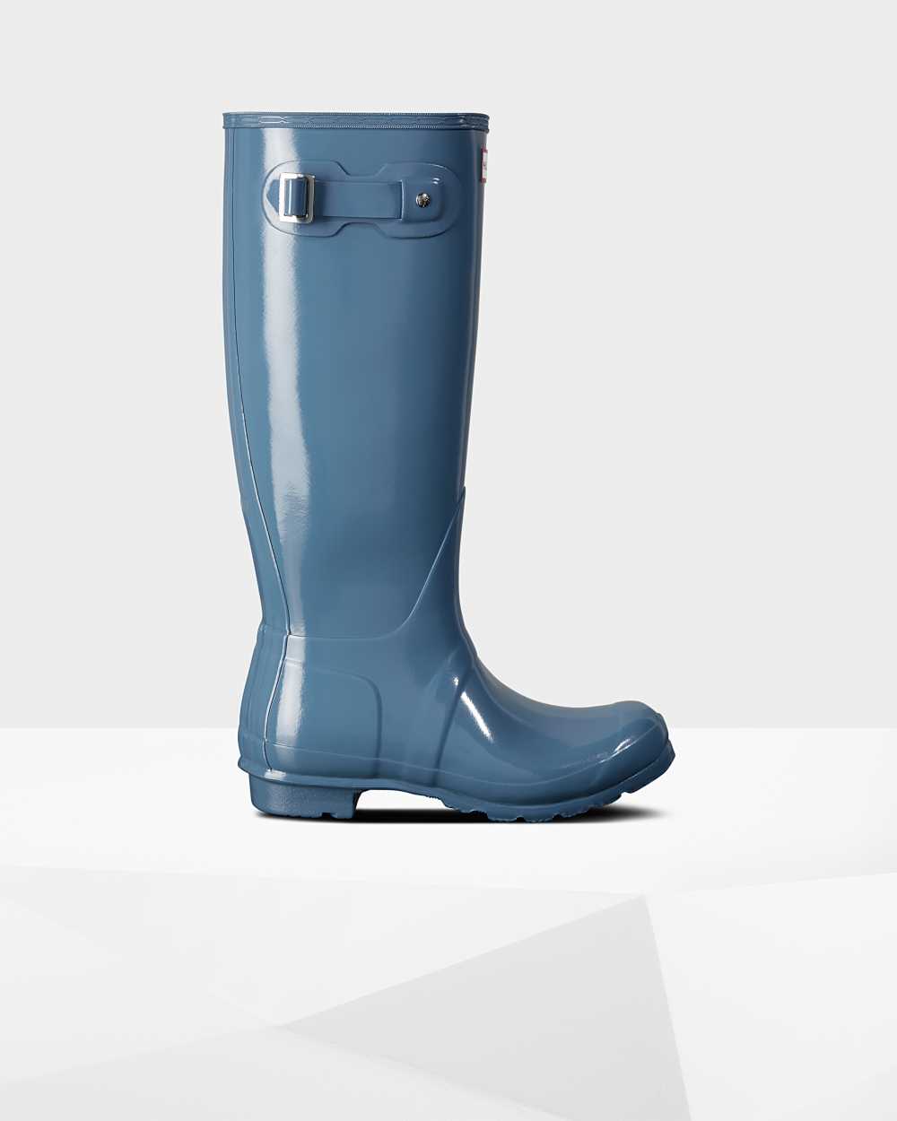 Womens Hunter Original Tall Gloss Rain Boots Blue | UMTWEY-370